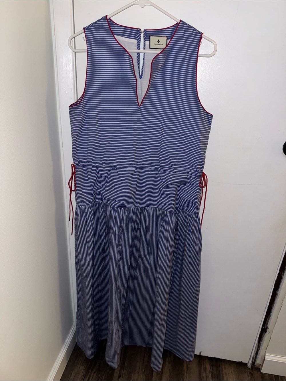 Tuckernuck Blue-and-White Striped Sleeveless Dress with Red Trim